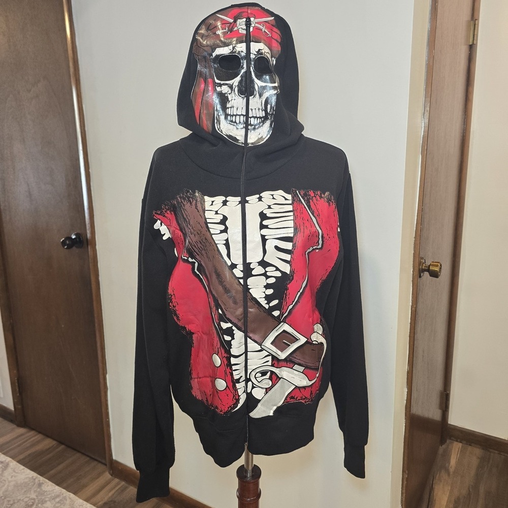 Skeleton Pirate Hoodie Black Full‎ Zip Jerry Beck Halloween Skull Goth Men's XL